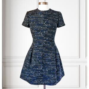 Christian DIOR Tweed Flare Mini Party Dress Size 6 Black Blue Sparkle